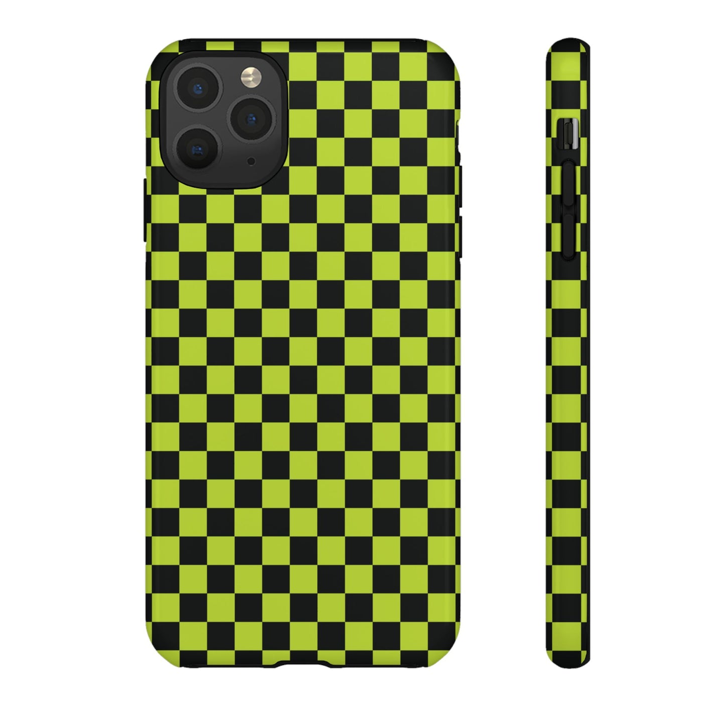 iPhone 11 Pro Max / Glossy Phone Case - Trendy Neon Lime Green & Plum Small Checked Pattern Phone Case