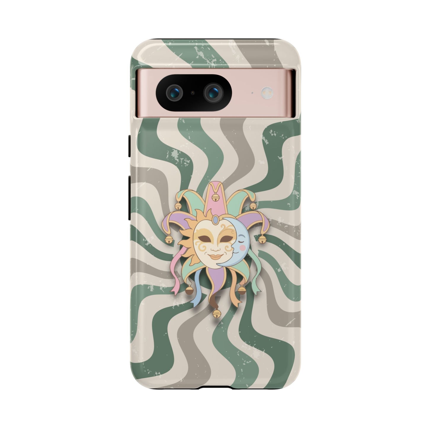 Google Pixel 8 / Glossy Phone Case - Sun & Moon Jester Mask – Green Retro Wave Phone Case