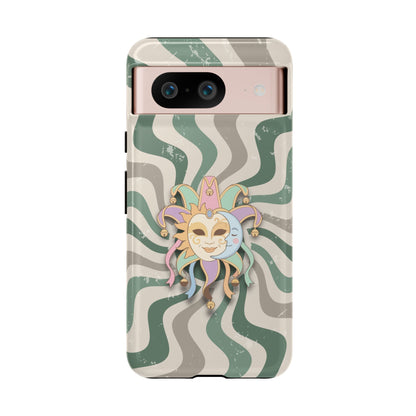 Google Pixel 8 / Glossy Phone Case - Sun & Moon Jester Mask – Green Retro Wave Phone Case