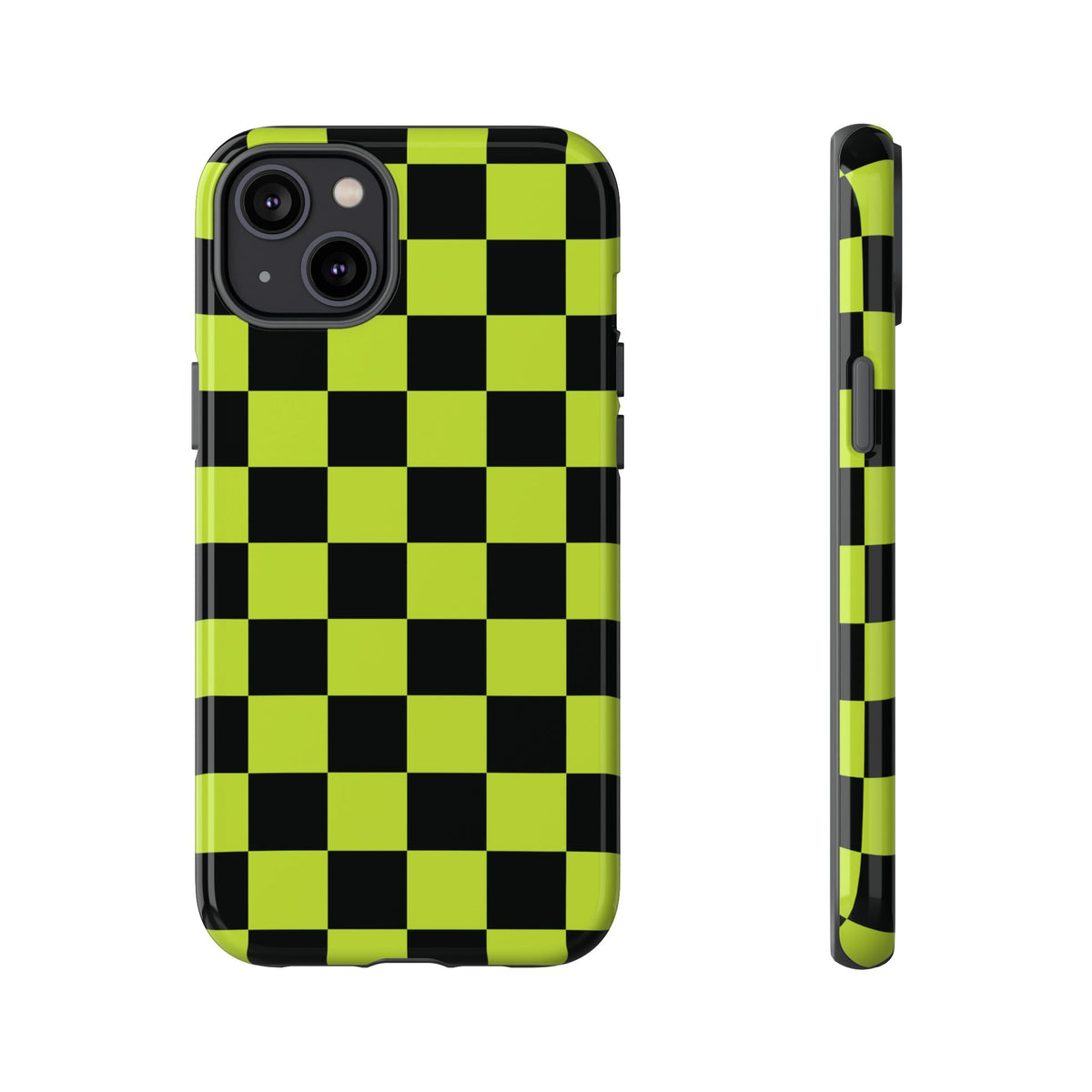 Trendy Neon Lime Green & Black Checked Pattern Phone Case - Green Phone Case - iPhone 14 Plus / Glossy