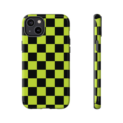 Trendy Neon Lime Green & Black Checked Pattern Phone Case - Green Phone Case - iPhone 14 Plus / Glossy
