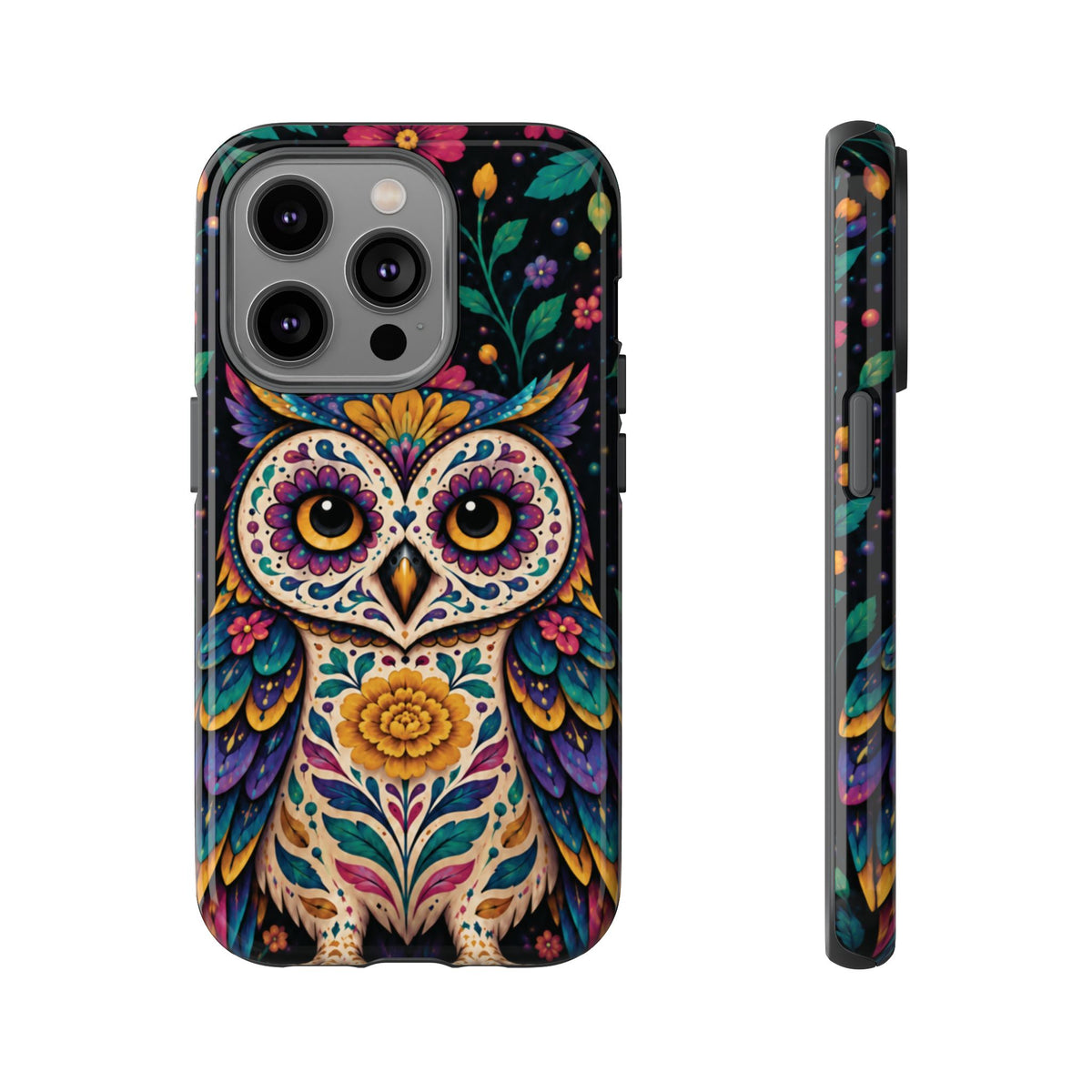 Vibrant Purple and Teal Calavera Owl Phone Case - Multicolor Phone Case - iPhone 14 Pro / Glossy