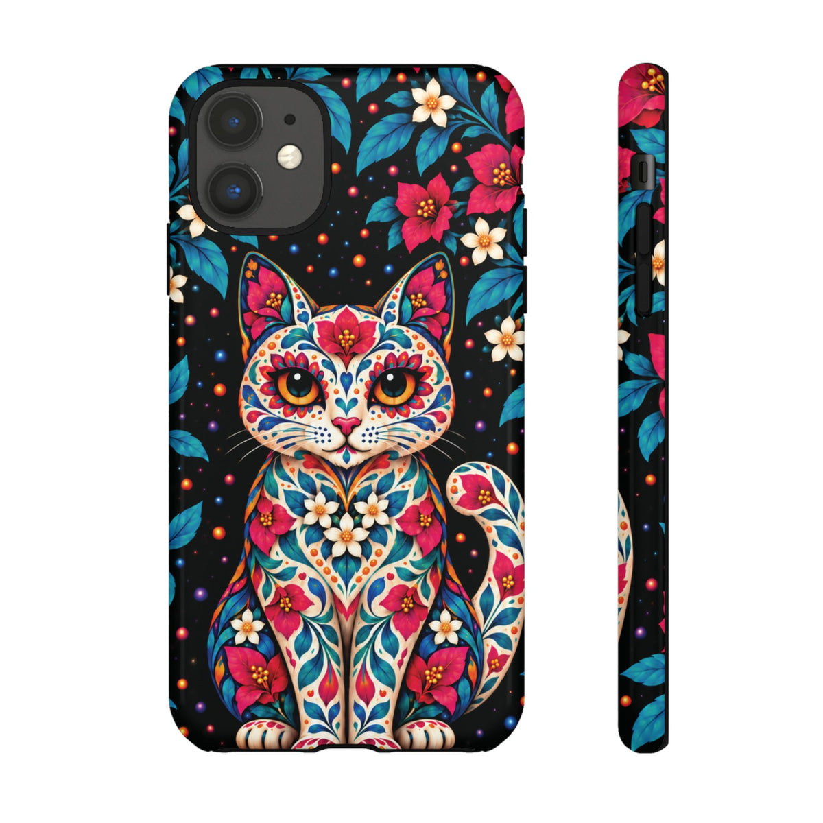 Vibrant Pink and Turquoise Calavera Cat Phone Case - Multicolor Phone Case - iPhone 11 / Glossy