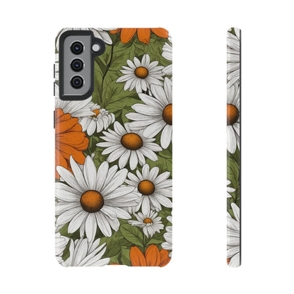 Samsung Galaxy S21 Plus / Glossy Phone Case - Boho Chic Daisies Floral Pattern ’White Orange & Green’ Phone Case