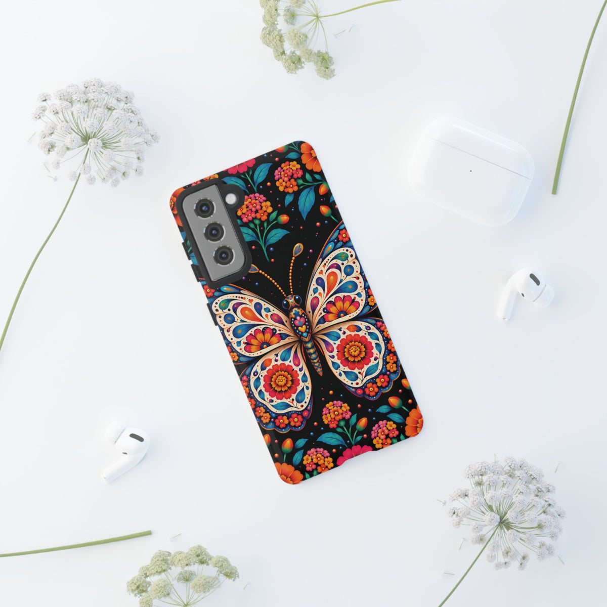 Vibrant Orange and Turquoise Calavera Butterfly Phone Case - Multicolor Phone Case