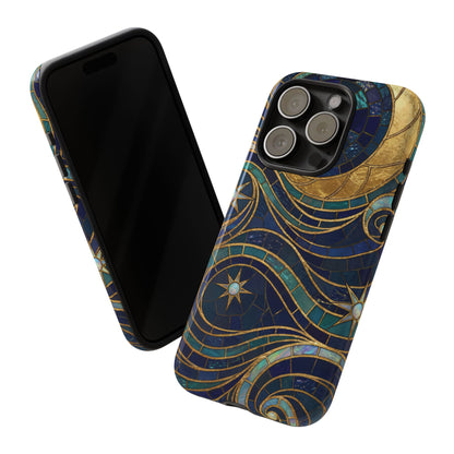 Elegant Navy & Gold Crescent Moon Mosaic Phone Case