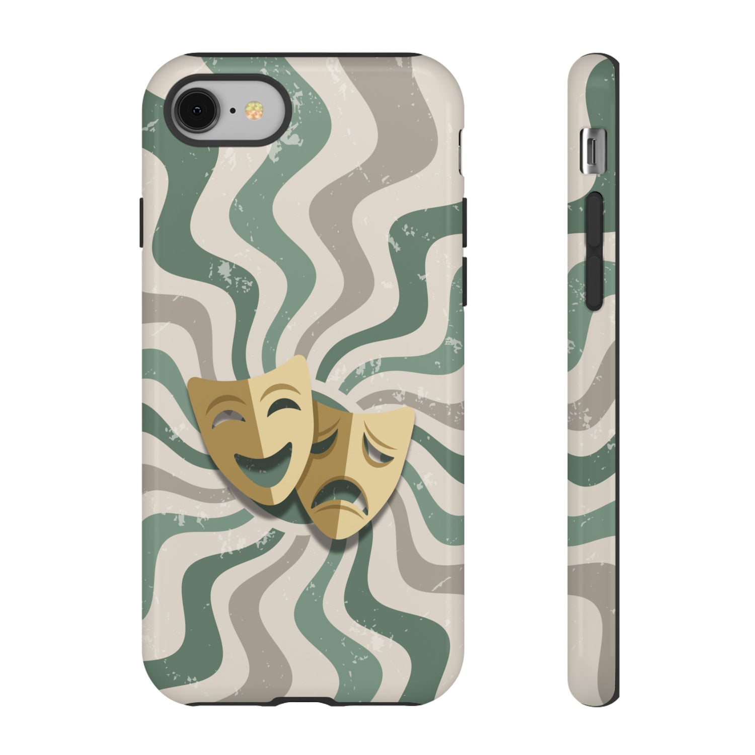 iPhone 8 / Glossy Phone Case - Comedy & Tragedy Masks – Green Minimal Retro Wave Phone Case