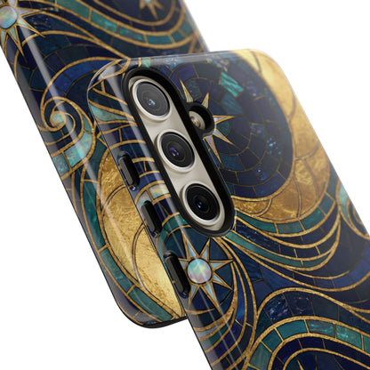 Elegant Navy & Gold Crescent Moon Mosaic Phone Case
