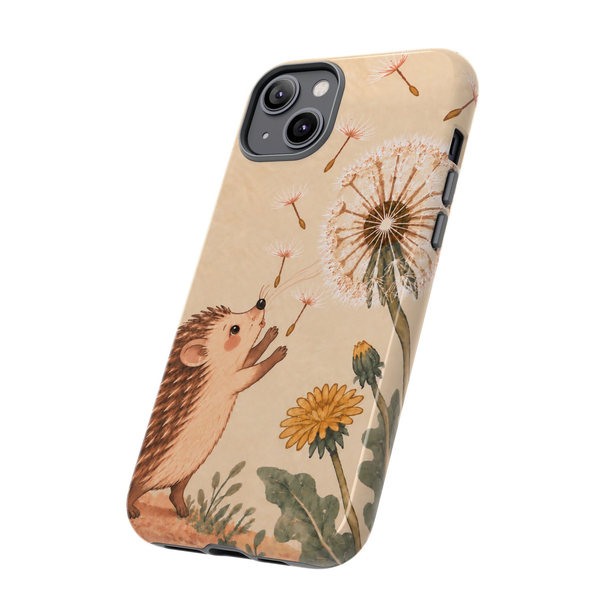Whimsical Cream Hedgehog and Dandelion Phone Case - White Phone Case
