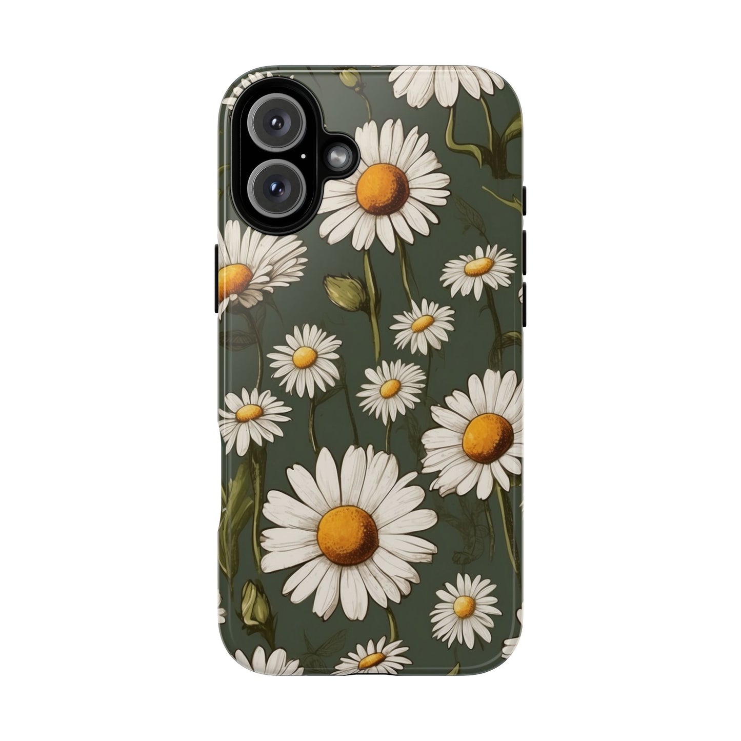 iPhone 16 Plus / Glossy Phone Case - Boho Chic Daisies Floral Pattern ’White & Green’ Phone Case