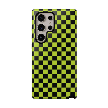 Trendy Neon Lime Green & Black Small Checked Pattern Phone Case - Green Phone Case - Samsung Galaxy S24 Ultra / Glossy