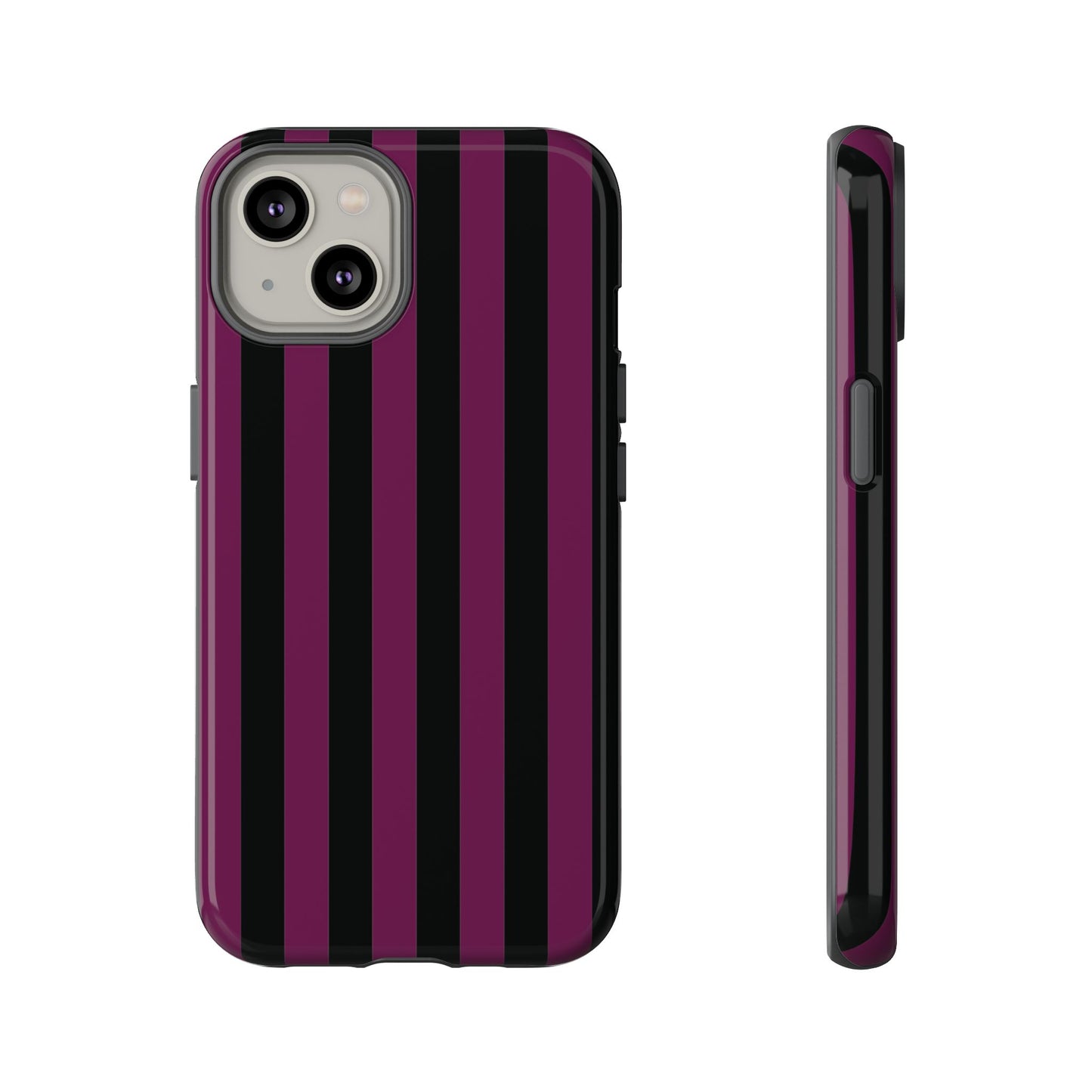 iPhone 14 / Glossy Phone Case - Trendy Plum & Black Stripe Pattern Phone Case