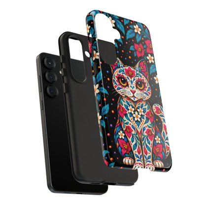 Vibrant Pink and Turquoise Calavera Cat Phone Case - Multicolor Phone Case