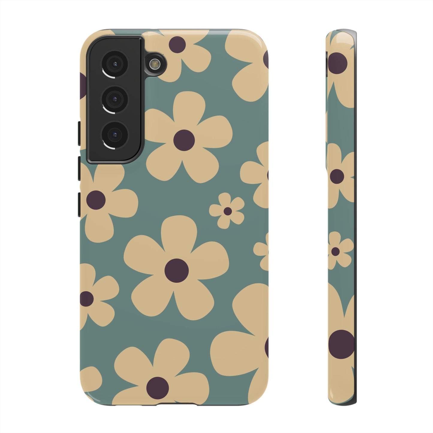 Samsung Galaxy S22 / Glossy Phone Case - Cute Blue & Cream Daisy Pattern Phone Case