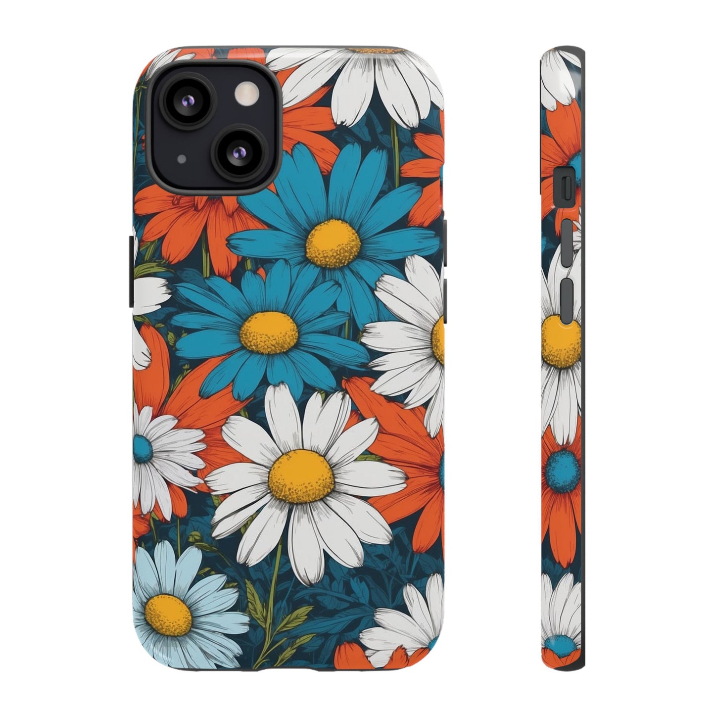 iPhone 13 / Glossy Phone Case - Pop Art Daisies Illustration ’Red & Blue’ Phone Case
