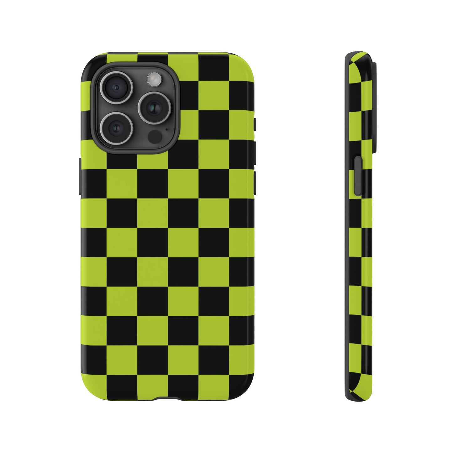 iPhone 15 Pro Max / Glossy Phone Case - Trendy Neon Lime Green & Black Checked Pattern Phone Case
