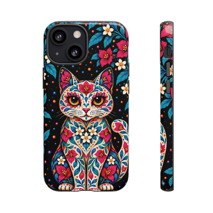Vibrant Pink and Turquoise Calavera Cat Phone Case - Multicolor Phone Case - iPhone 13 Mini / Glossy