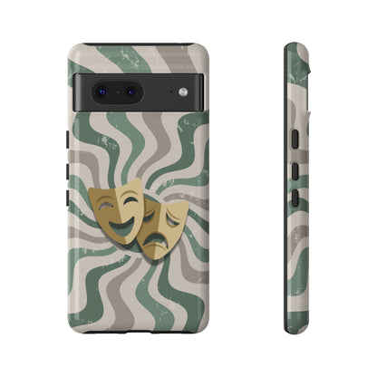 Google Pixel 7 / Glossy Phone Case - Comedy & Tragedy Masks – Green Minimal Retro Wave Phone Case