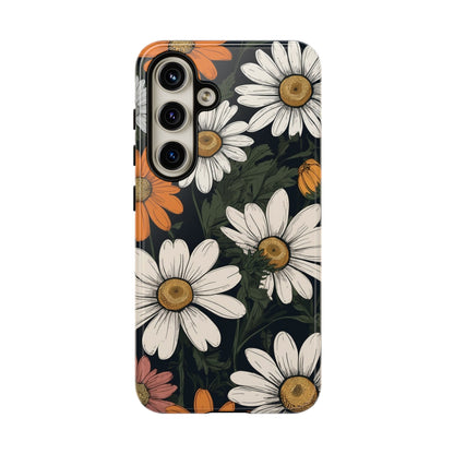 Samsung Galaxy S24 / Glossy Phone Case - Boho Chic Daisies Floral Pattern ’White Orange & Pink’ Phone Case