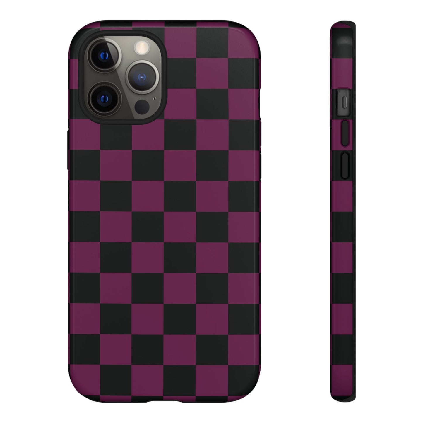 iPhone 12 Pro Max / Glossy Phone Case - Trendy Plum & Black Checked Pattern Phone Case