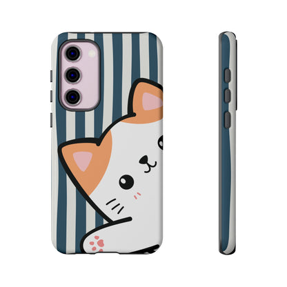 Playful Peakaboo Cat with Blue Stripe Pattern Phone Case - Blue Phone Case - Samsung Galaxy S23 Plus / Glossy