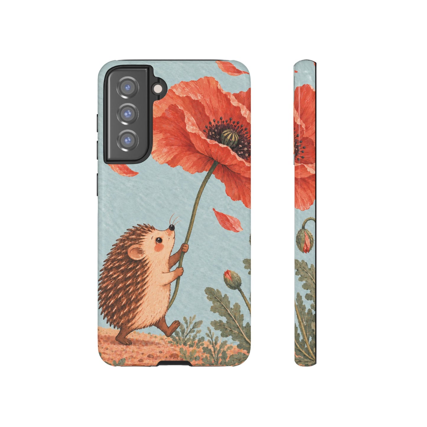 Whimsical Pale Blue Hedgehog and Poppy Phone Case - Blue Phone Case - Samsung Galaxy S21 FE / Glossy