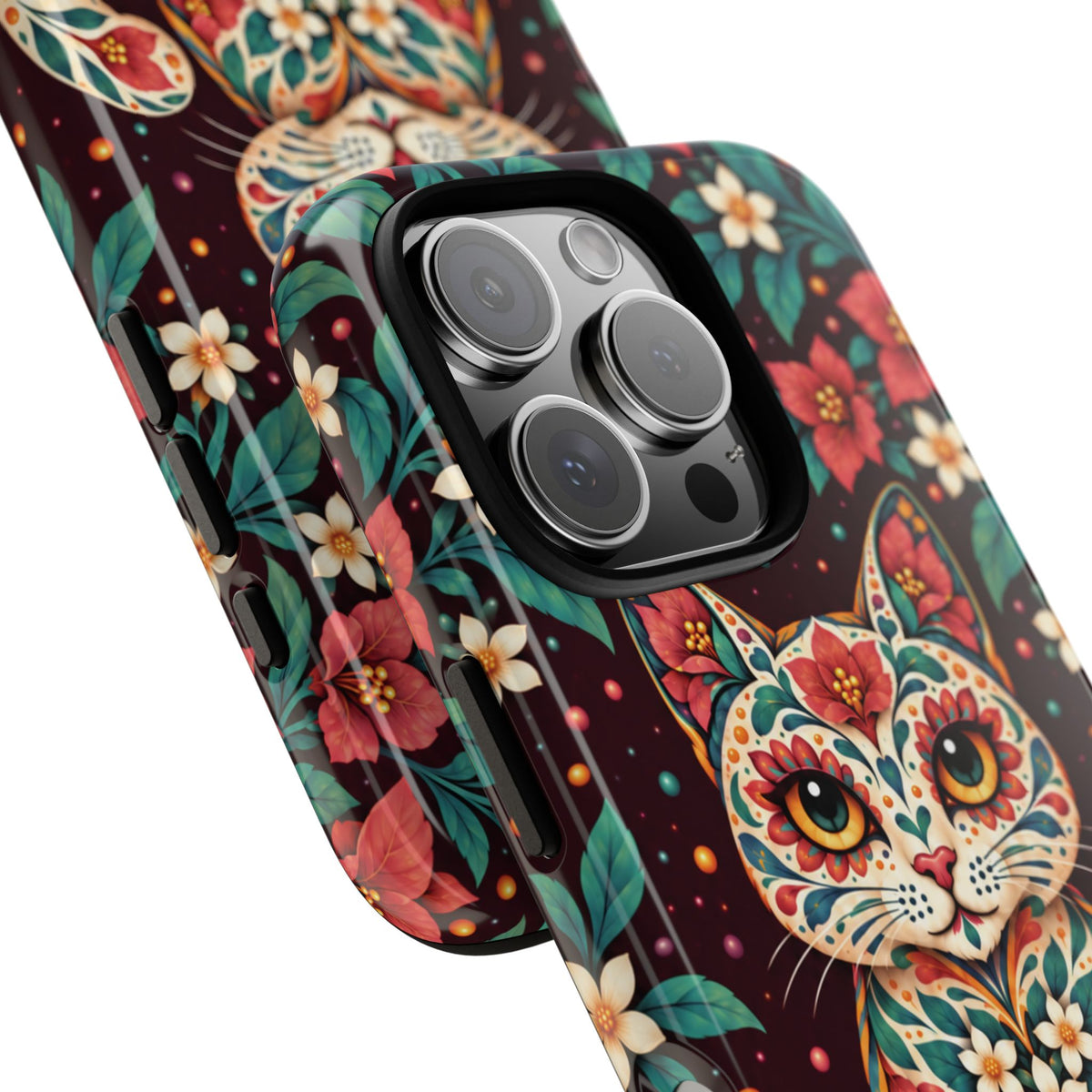 Vibrant Terracotta and Teal Calavera Cat Phone Case - Multicolor Phone Case
