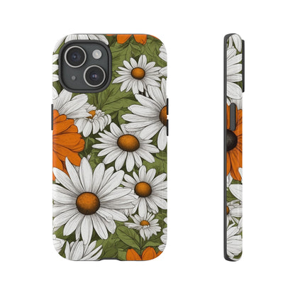 iPhone 15 / Glossy Phone Case - Boho Chic Daisies Floral Pattern ’White Orange & Green’ Phone Case