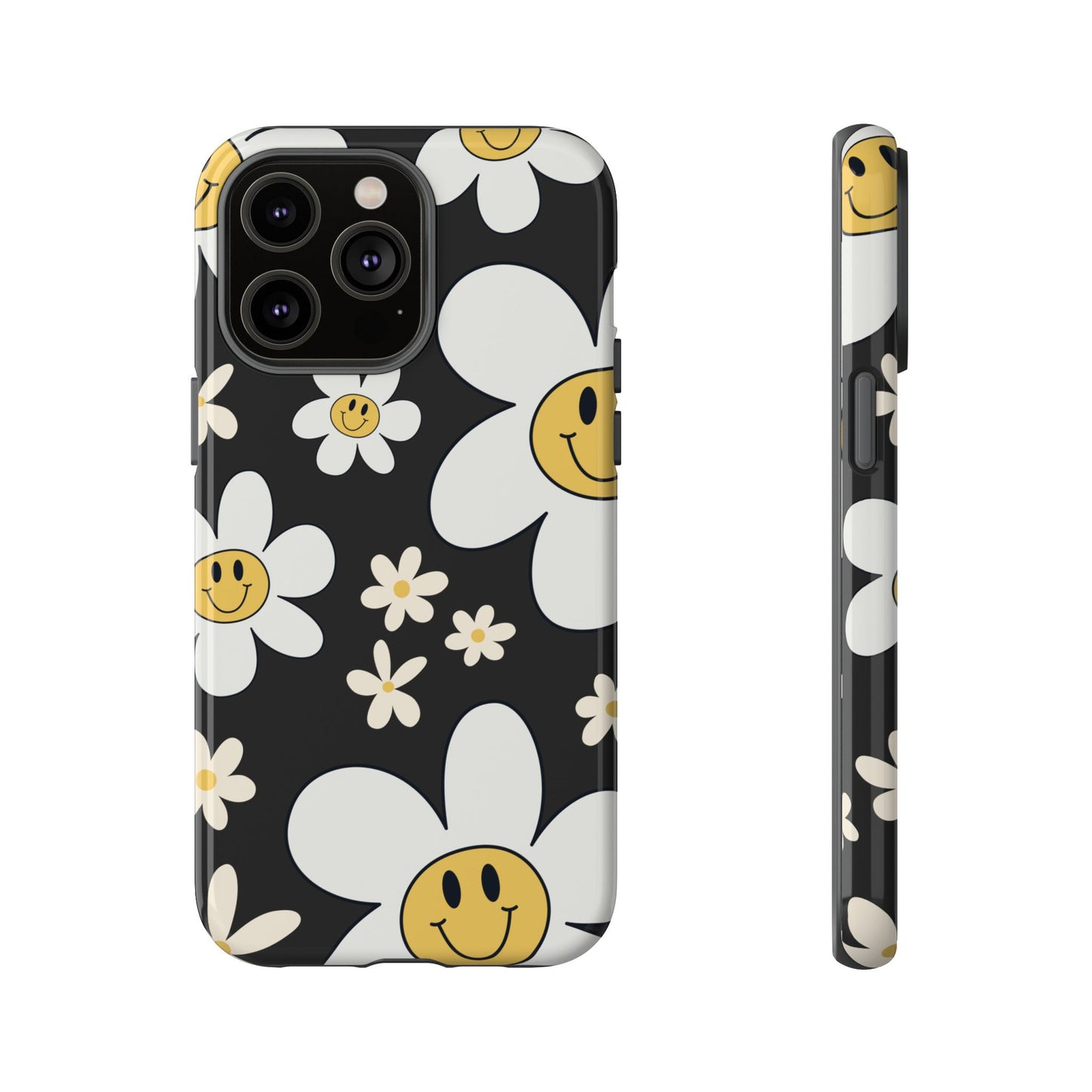 iPhone 14 Pro Max / Glossy Phone Case - Fun Retro Daisy Pattern with Dark Grey Background Phone Case