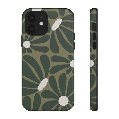 iPhone 12 / Glossy Phone Case - ’Retro Olive Green Daisy Pattern’ Phone Case