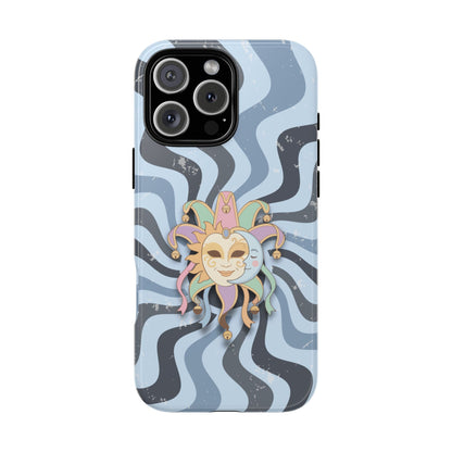 iPhone 16 Pro Max / Glossy Phone Case - Sun & Moon Jester Mask – Blue Retro Wave Phone Case
