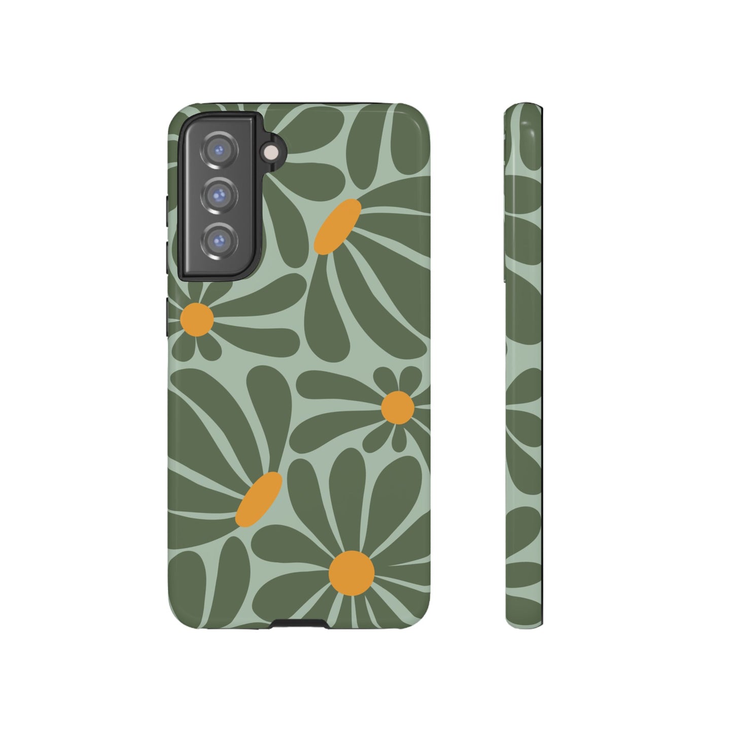 Samsung Galaxy S21 FE / Glossy Phone Case - Retro Green Daisy Pattern Phone Case