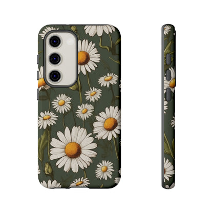 Samsung Galaxy S23 / Glossy Phone Case - Boho Chic Daisies Floral Pattern ’White & Green’ Phone Case