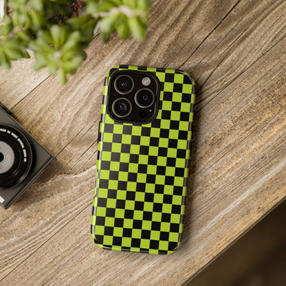 Trendy Neon Lime Green & Black Small Checked Pattern Phone Case - Green Phone Case
