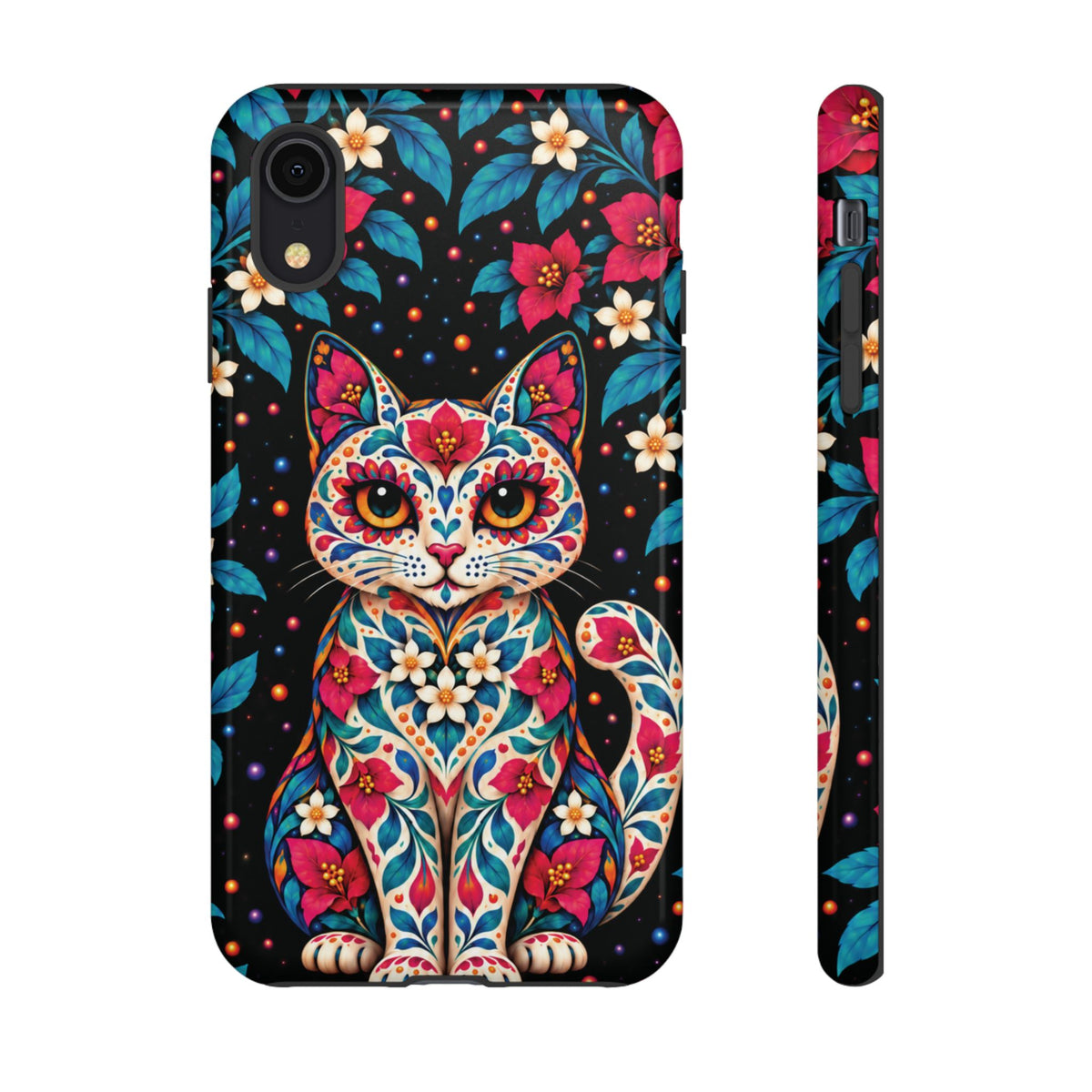 Vibrant Pink and Turquoise Calavera Cat Phone Case - Multicolor Phone Case - iPhone XR / Glossy