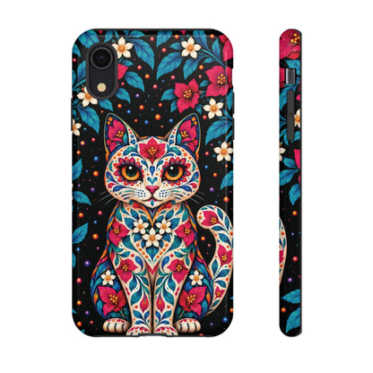 Vibrant Pink and Turquoise Calavera Cat Phone Case - Multicolor Phone Case - iPhone XR / Glossy