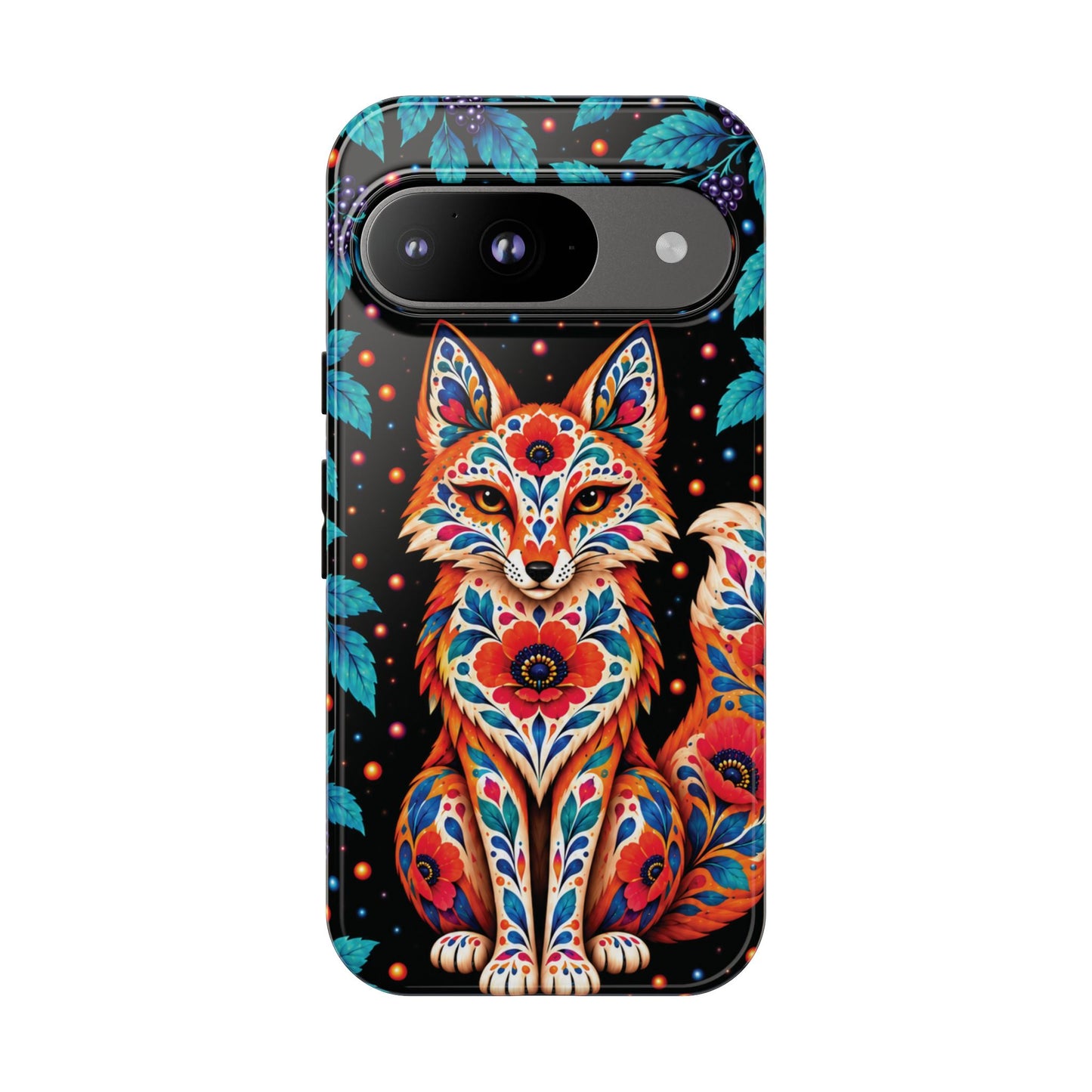Vibrant Orange and Turquoise Calavera Fox Phone Case - Multicolor Phone Case - Google Pixel 9 / Glossy