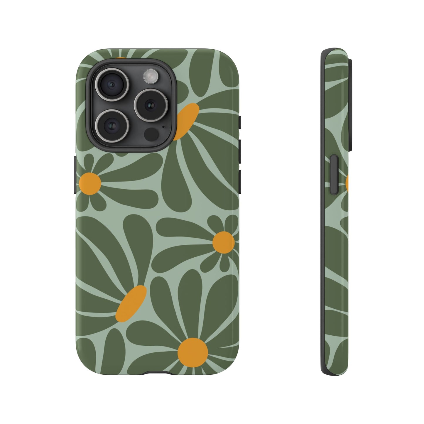 iPhone 15 Pro / Glossy Phone Case - Retro Green Daisy Pattern Phone Case