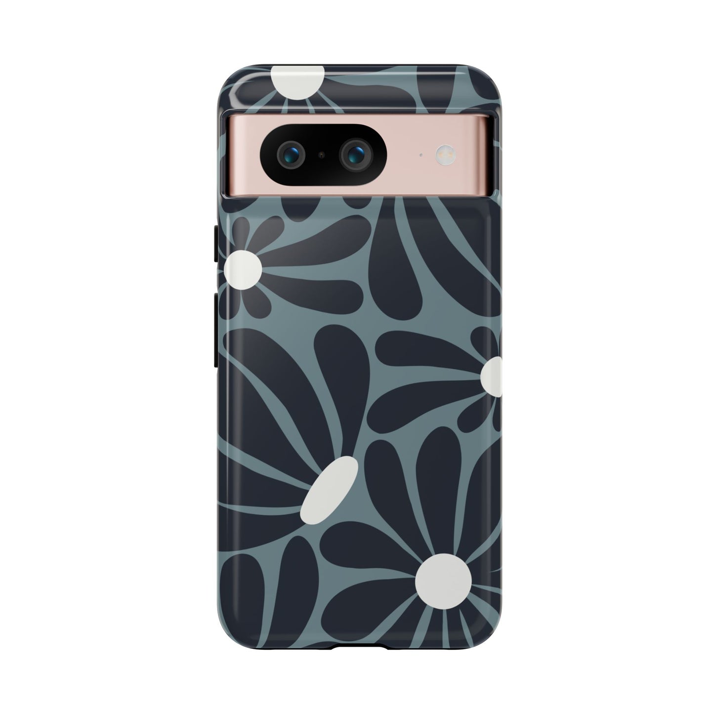 Google Pixel 8 / Glossy Phone Case - ’Retro Navy Blue & White Daisy Pattern’ Phone Case