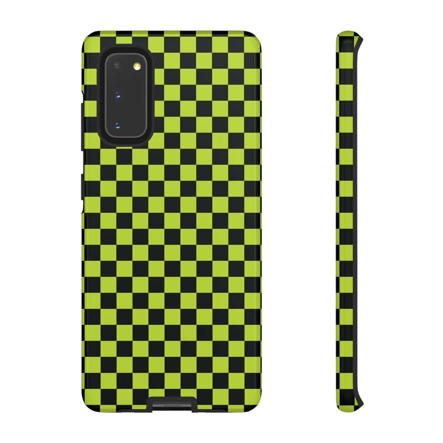 Samsung Galaxy S20 / Glossy Phone Case - Trendy Neon Lime Green & Plum Small Checked Pattern Phone Case