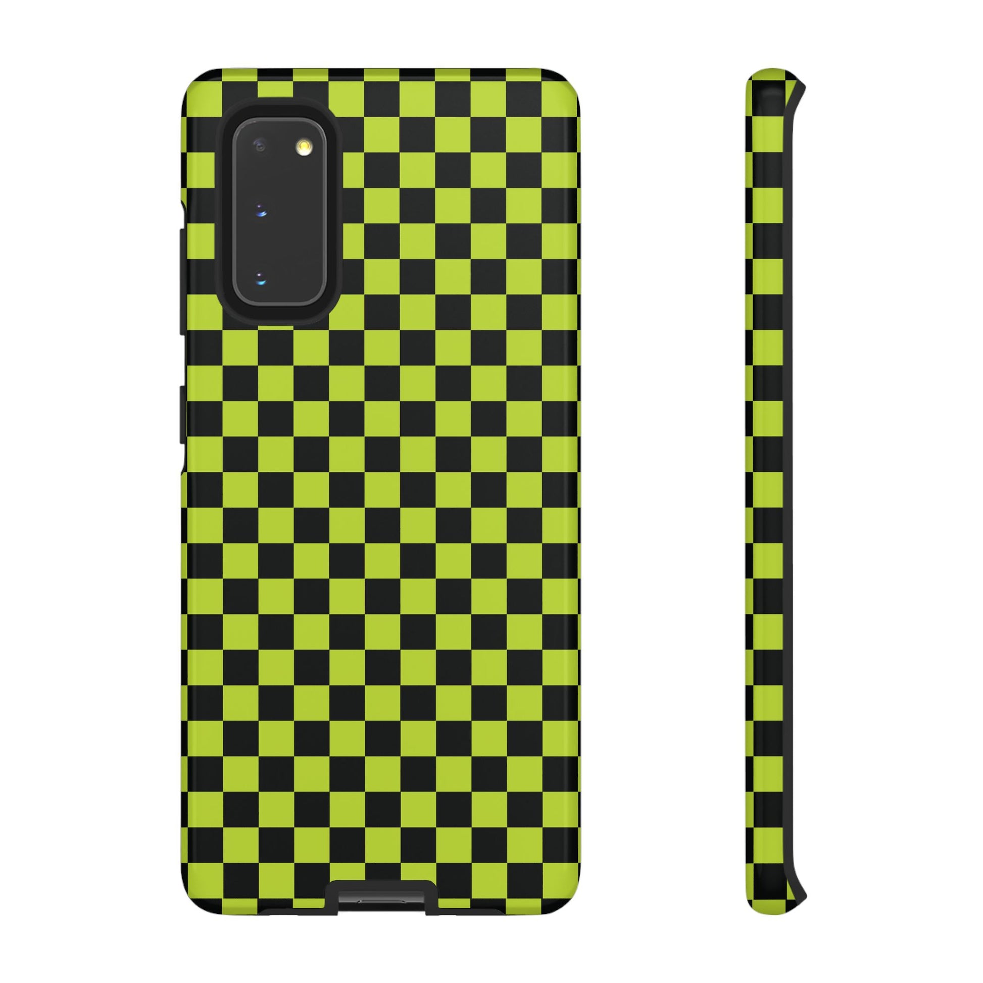 Samsung Galaxy S20 / Glossy Phone Case - Trendy Neon Lime Green & Plum Small Checked Pattern Phone Case