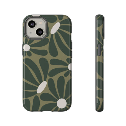 iPhone 14 / Glossy Phone Case - ’Retro Olive Green Daisy Pattern’ Phone Case