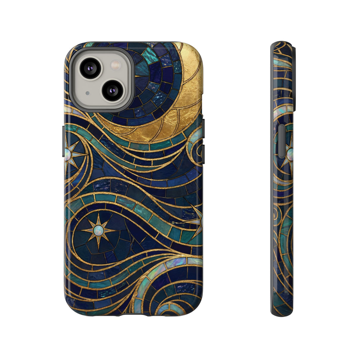Elegant Navy & Gold Crescent Moon Mosaic Phone Case