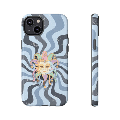 iPhone 14 Plus / Glossy Phone Case - Sun & Moon Jester Mask – Blue Retro Wave Phone Case