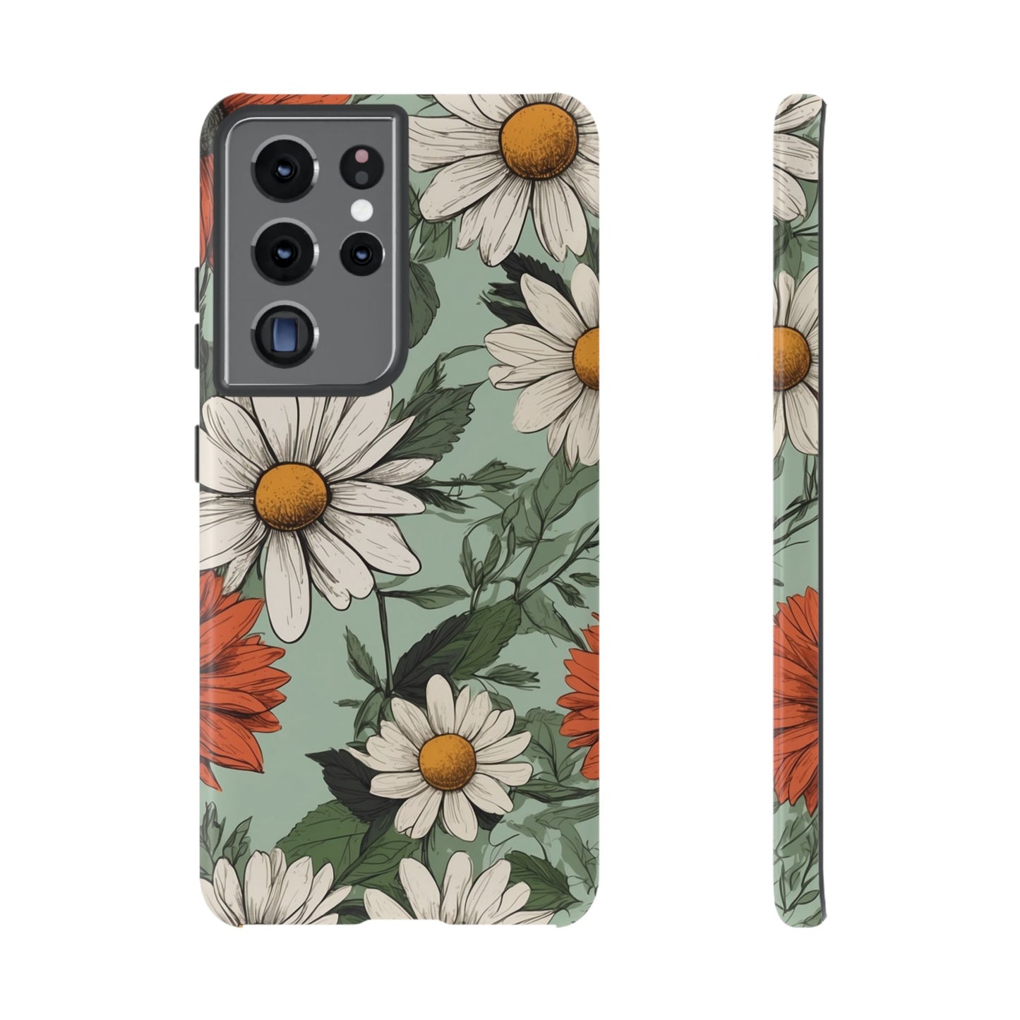 Samsung Galaxy S21 Ultra / Glossy Phone Case - Boho Chic Daisies Floral Pattern ’White & Orange’ Phone Case