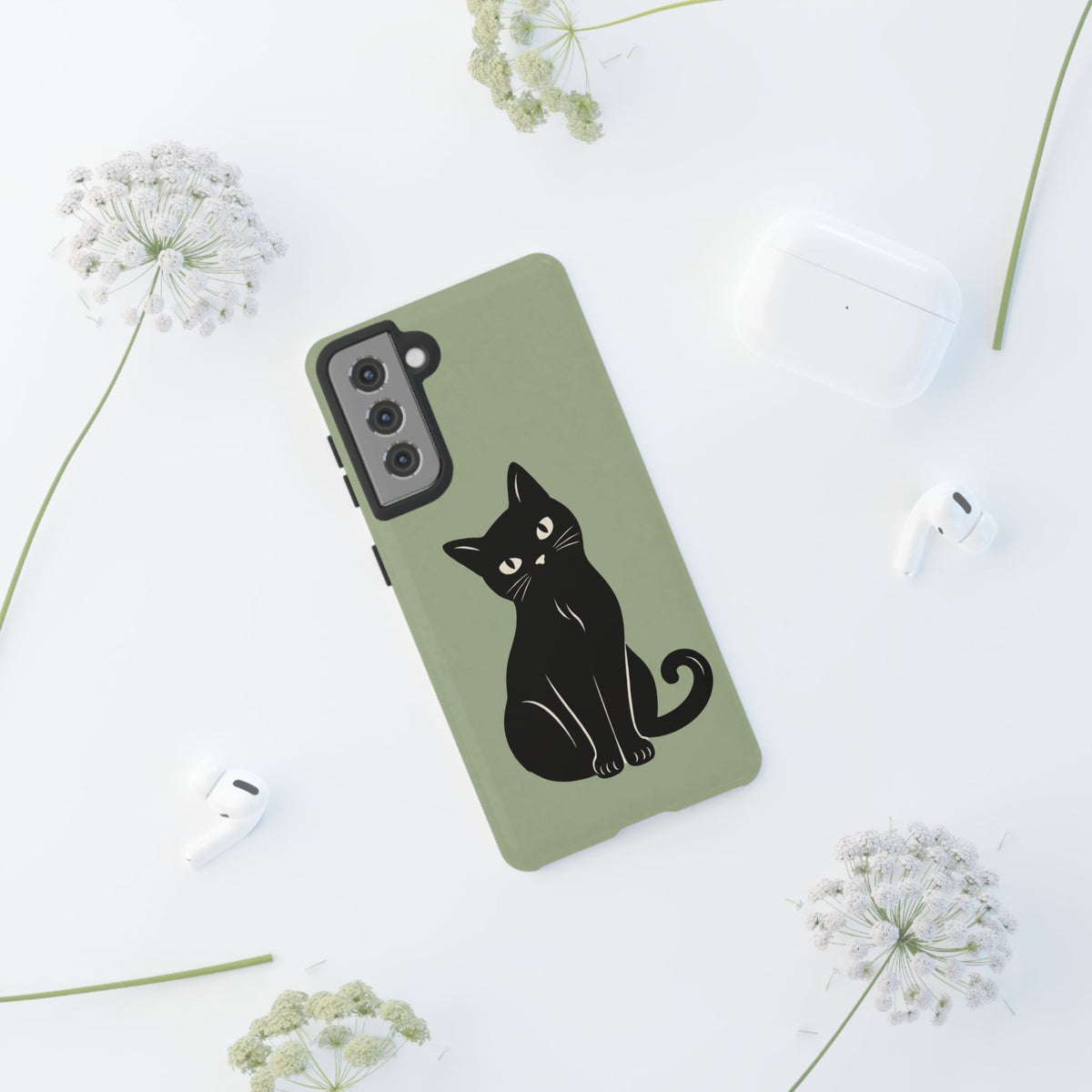 Minimalist Sage Green & Black Cat Phone Case