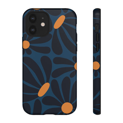 Dark Blue & Orange Daisy Pattern Phone Case - Blue Phone Case - iPhone 12 / Glossy