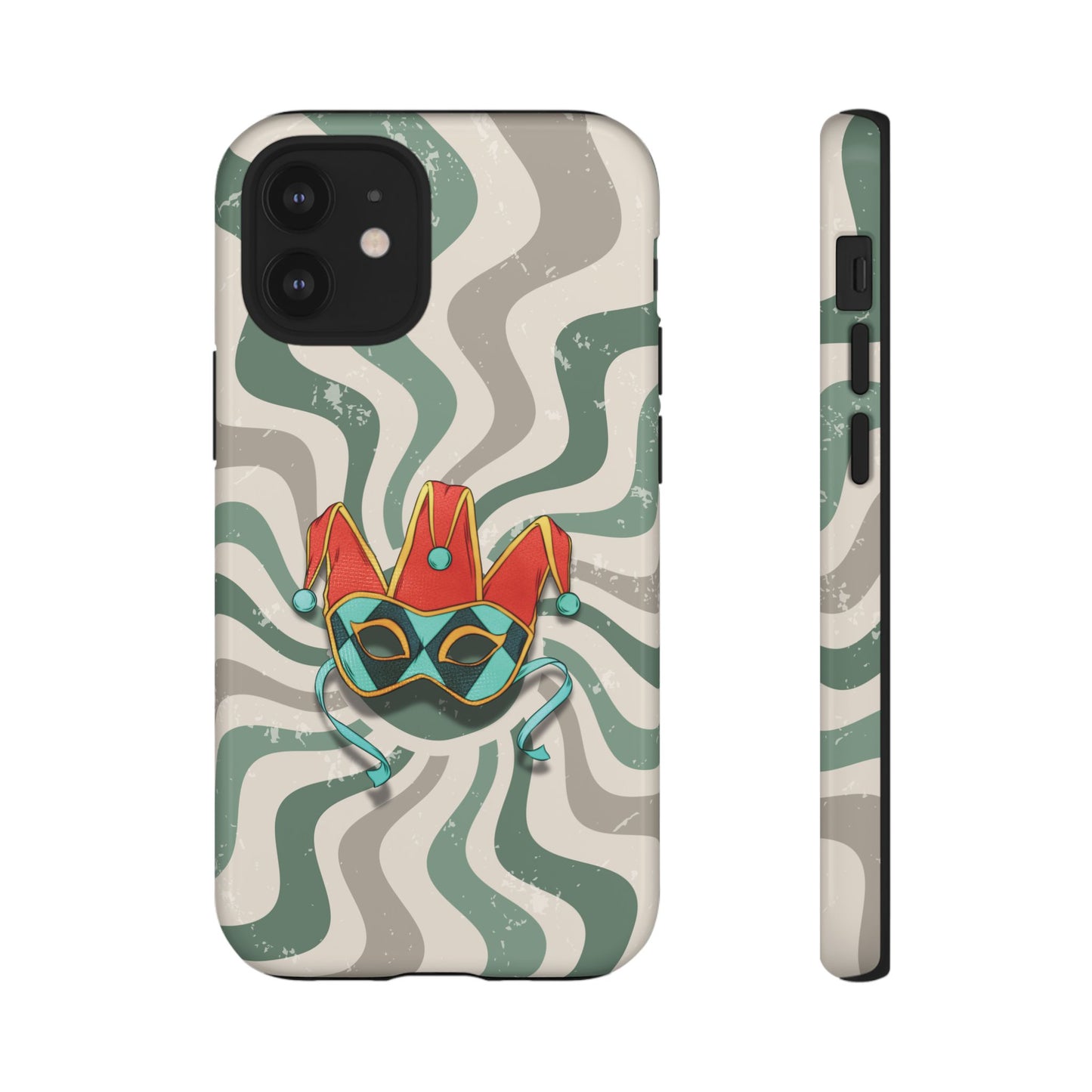 iPhone 12 Mini / Glossy Phone Case - Venetian Jester Mask – Green Retro Soft Revival Phone Case