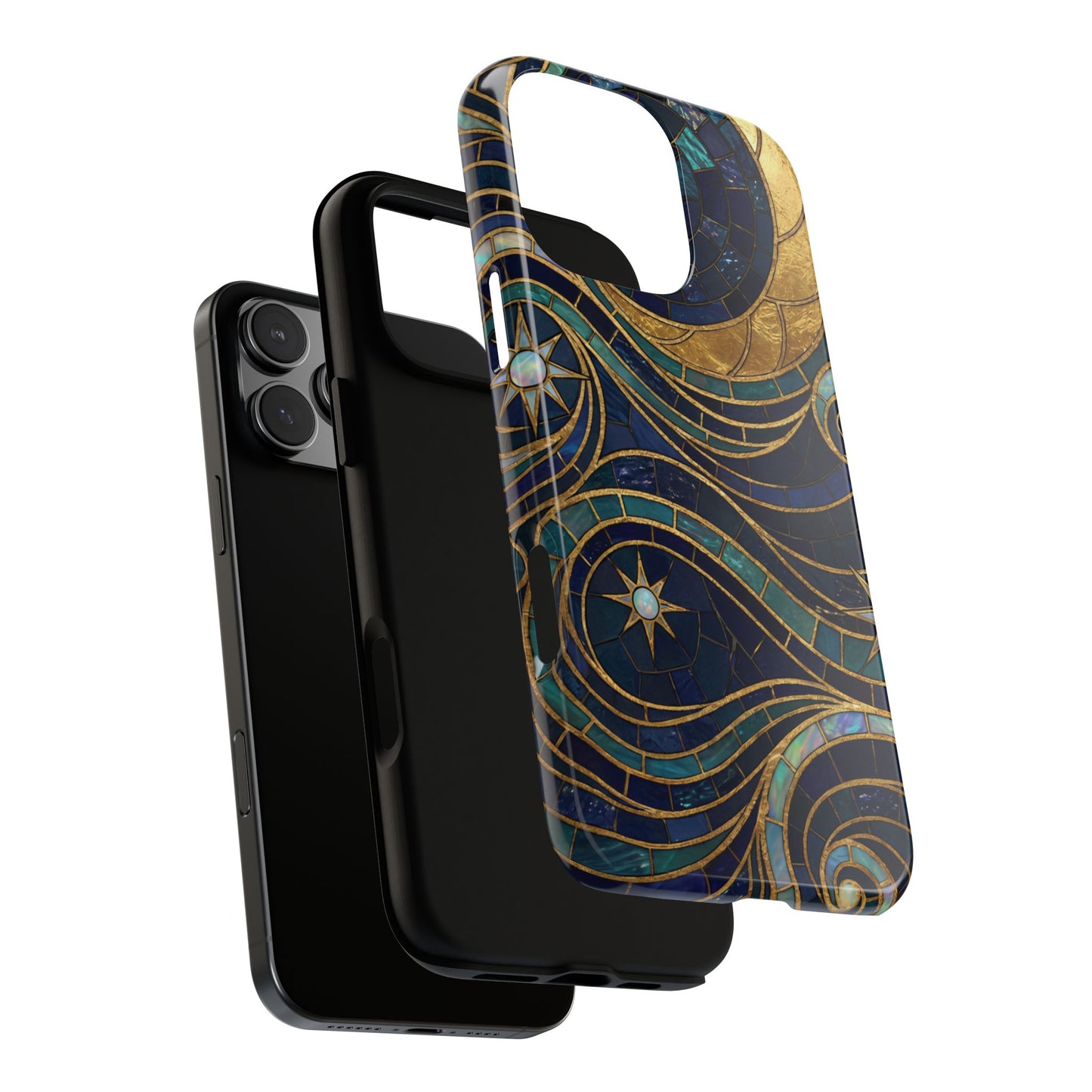 Elegant Navy & Gold Crescent Moon Mosaic Phone Case