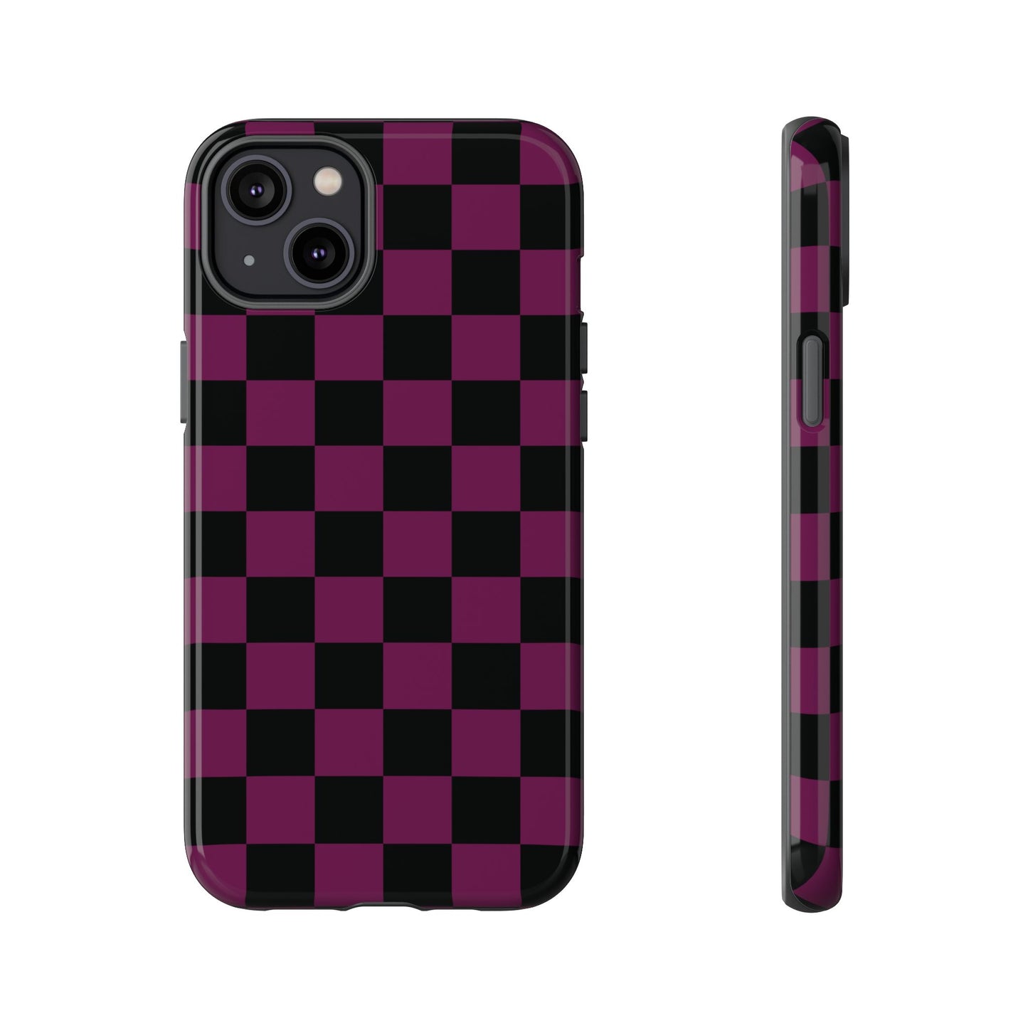 iPhone 14 Plus / Glossy Phone Case - Trendy Plum & Black Checked Pattern Phone Case